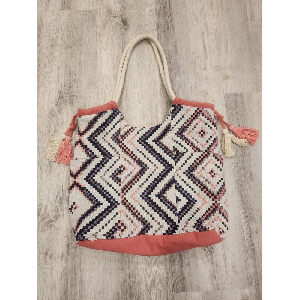 Boho Cotton‎ Tote Or Beach Bag Made in India Geometric Ikat Rope Handles Tassels